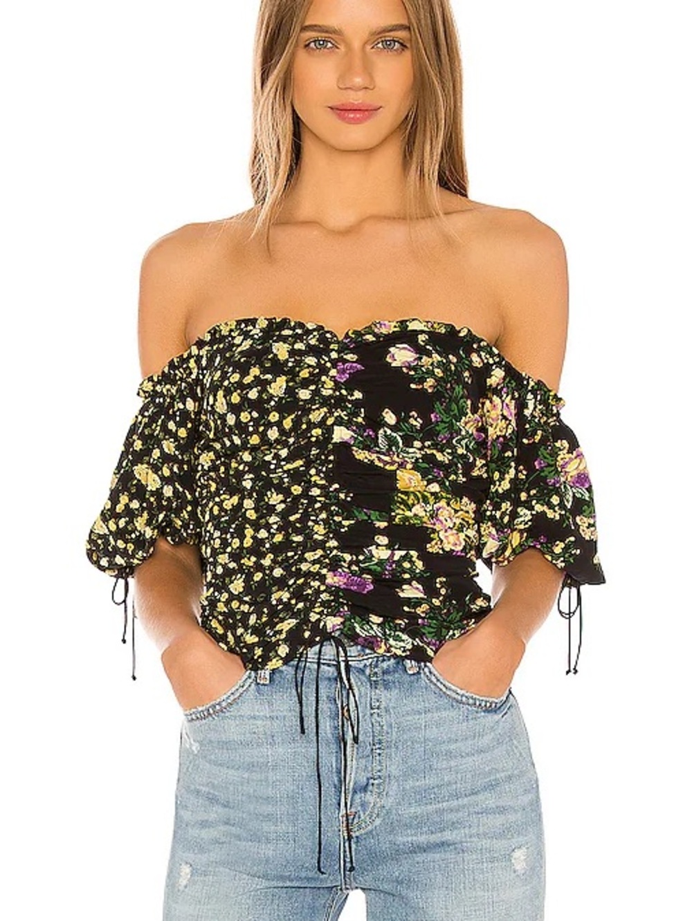 For Love & Lemons EileenOff-Shoulder Black Floral Ruched Women's Top